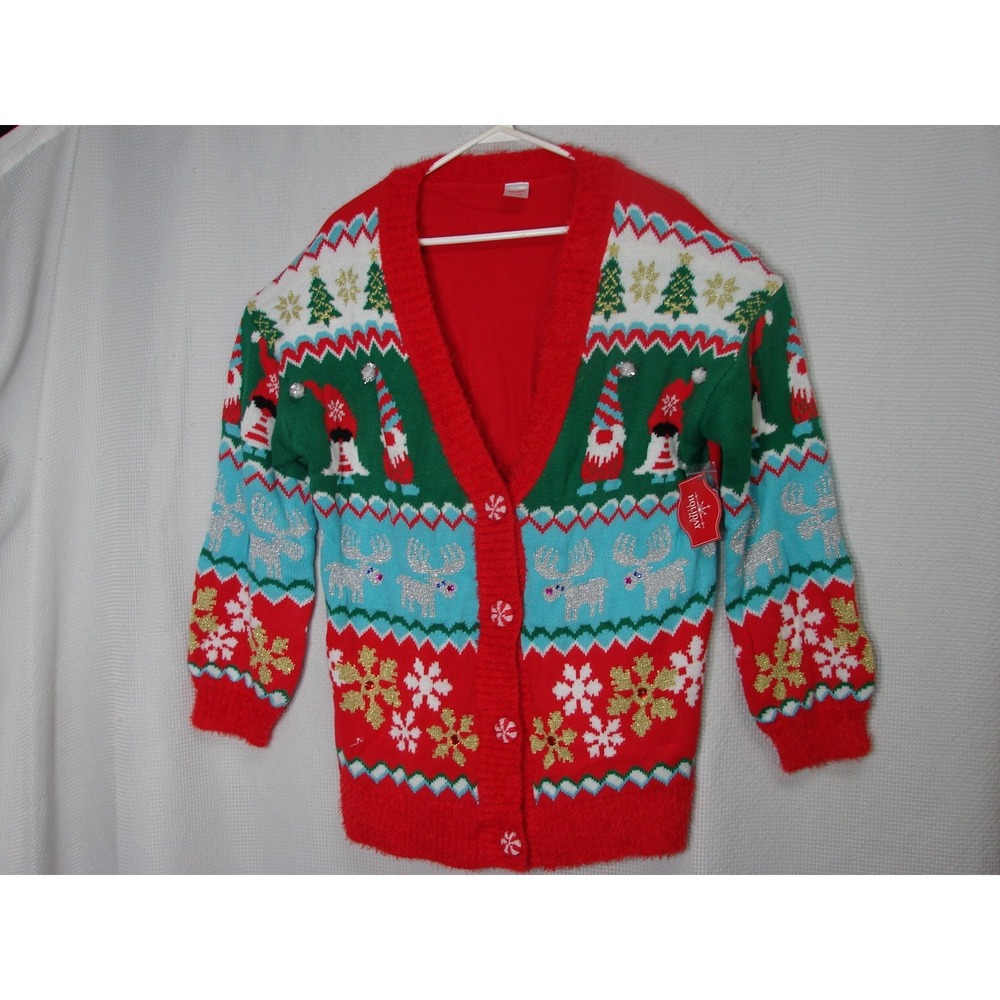 New Holiday Time Ugly Christmas Party Cardigan Sweater Gnome Reindeer Size XL